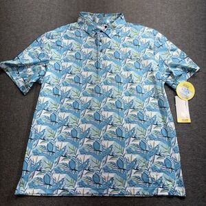 Nicklaus Men's Blue Tropical Bird Print Collared Short Sleeve Polo‎ Shirt Large